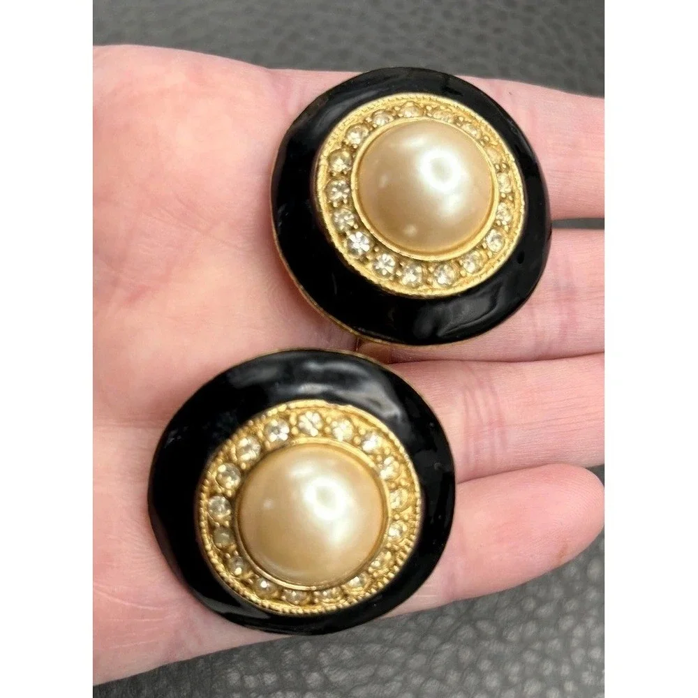 Vintage 80s Runway Black Enamel Faux Pearl Crystal Gold Tone Clip Earrings